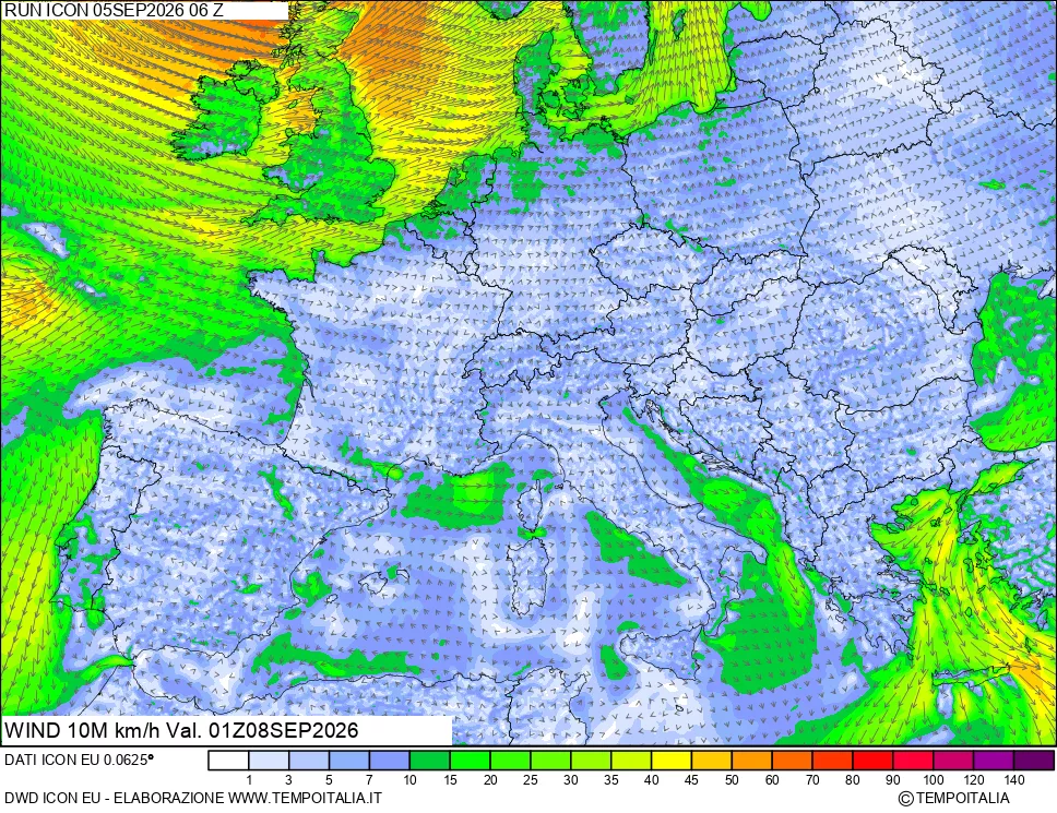 mappa 10 m Vento forza e direzione