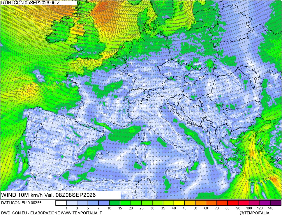 mappa 10 m Vento forza e direzione