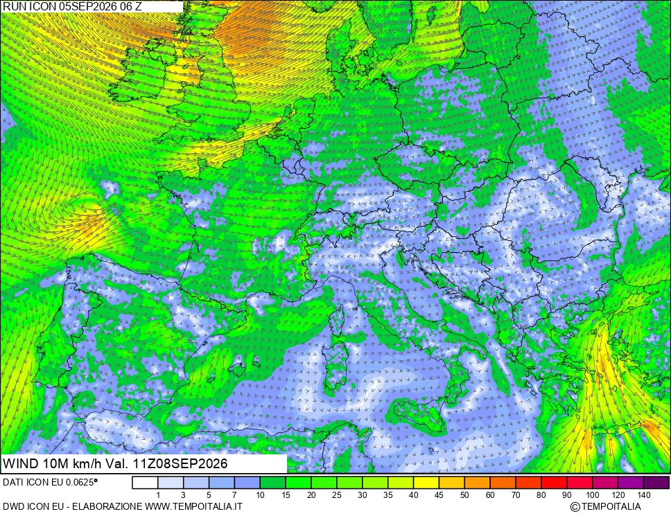 mappa 10 m Vento forza e direzione