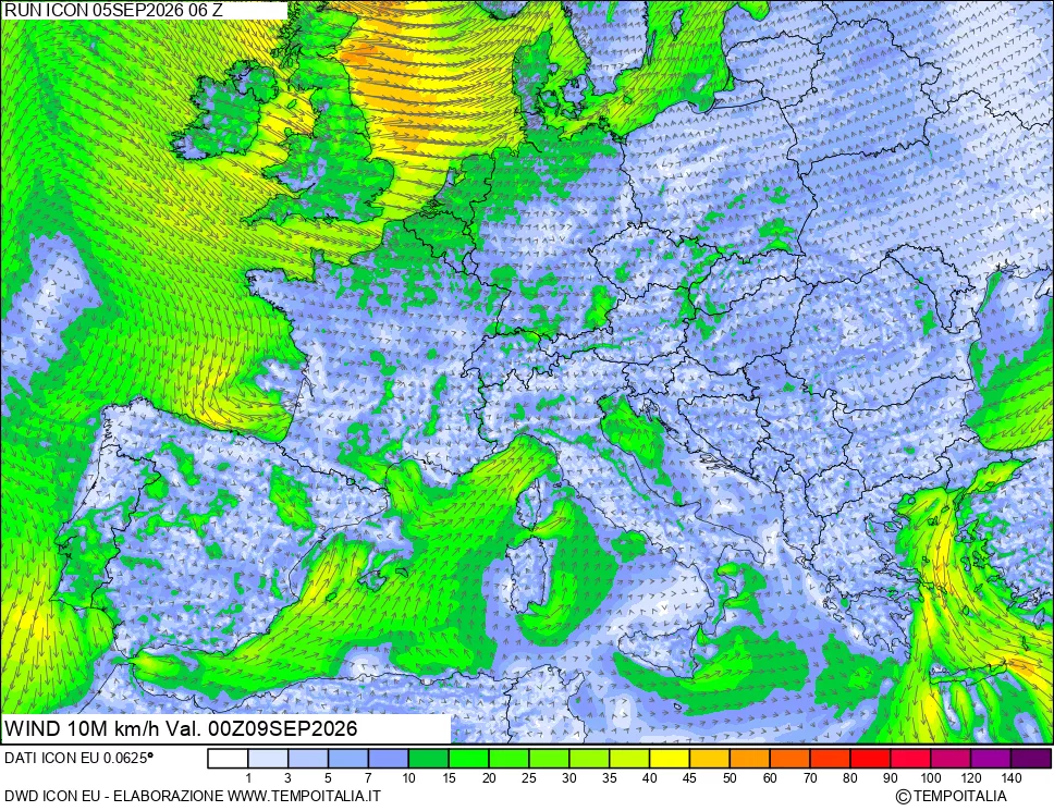mappa 10 m Vento forza e direzione