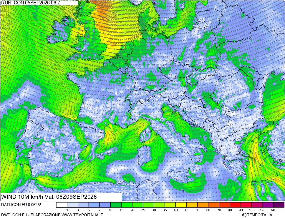 mappa 10 m Vento forza e direzione
