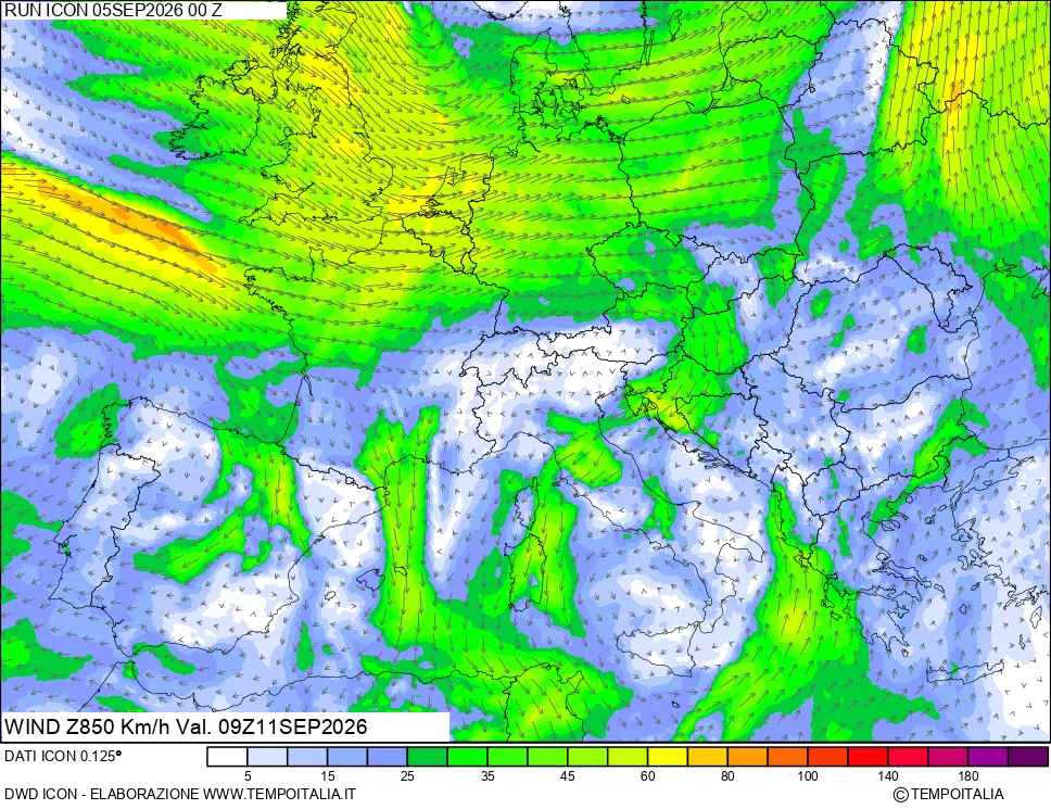 mappa 850 hPa Vento