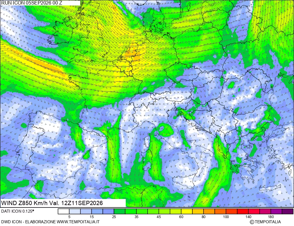 mappa 850 hPa Vento