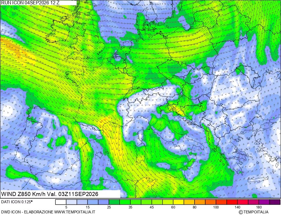 mappa 850 hPa Vento