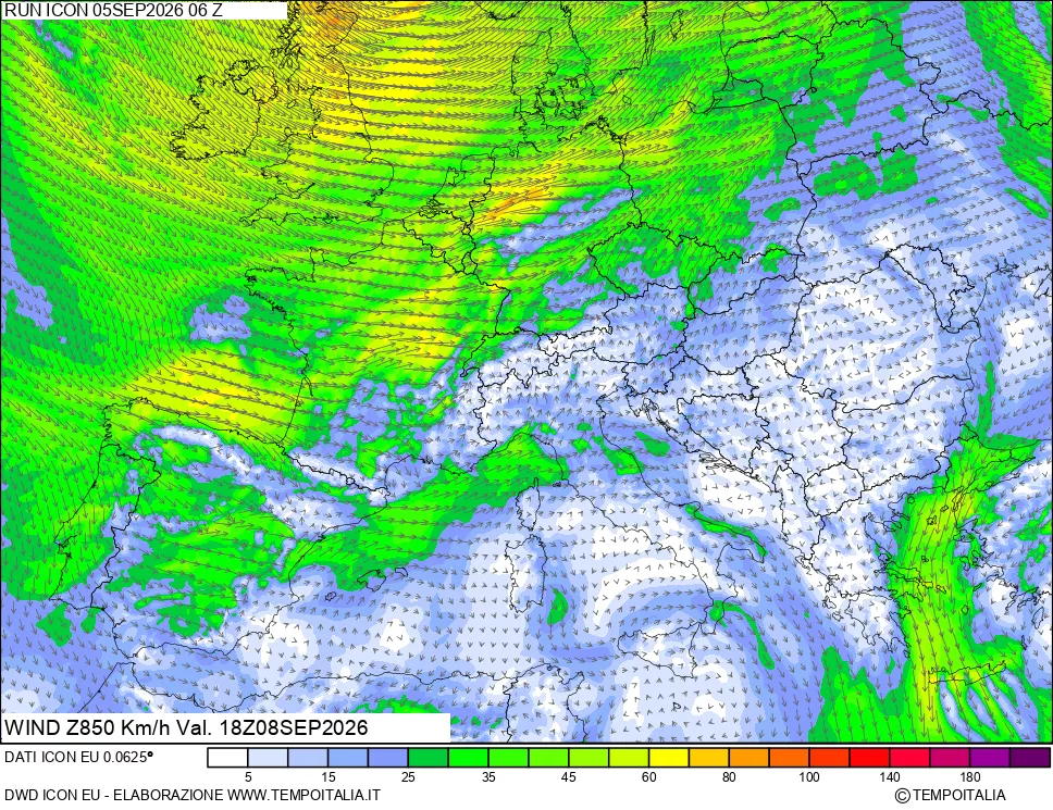 mappa 850 hPa Vento