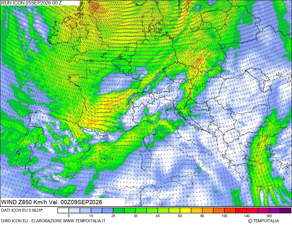mappa 850 hPa Vento