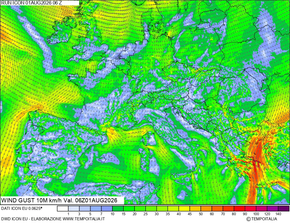 mappa 10 m Vento raffica massima