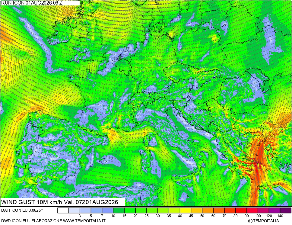 mappa 10 m Vento raffica massima