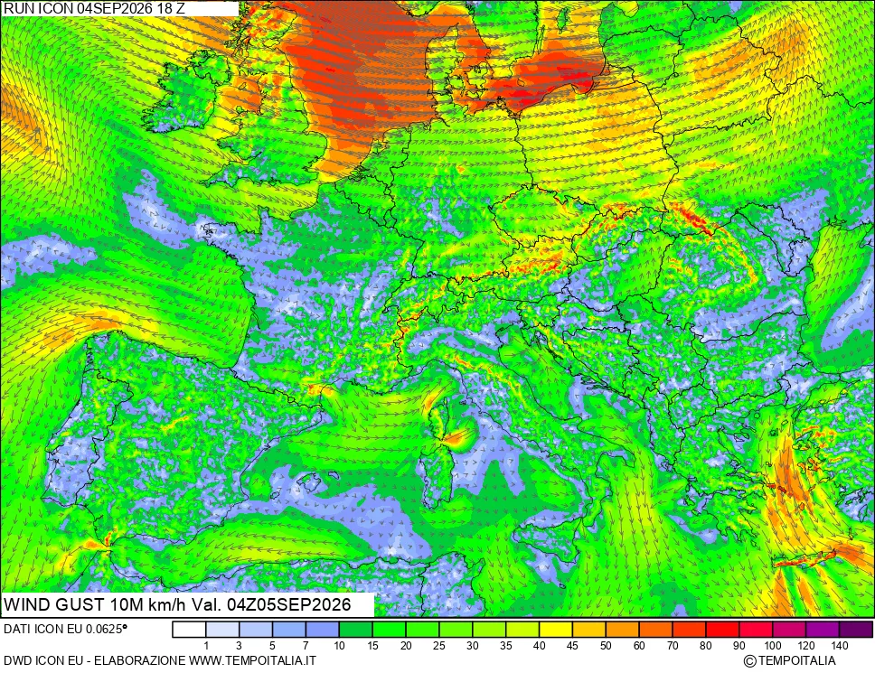 mappa 10 m Vento raffica massima