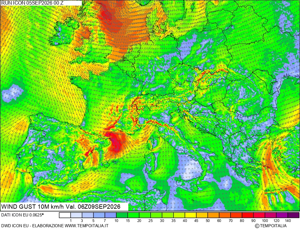 mappa 10 m Vento raffica massima