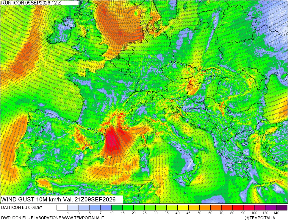 mappa 10 m Vento raffica massima
