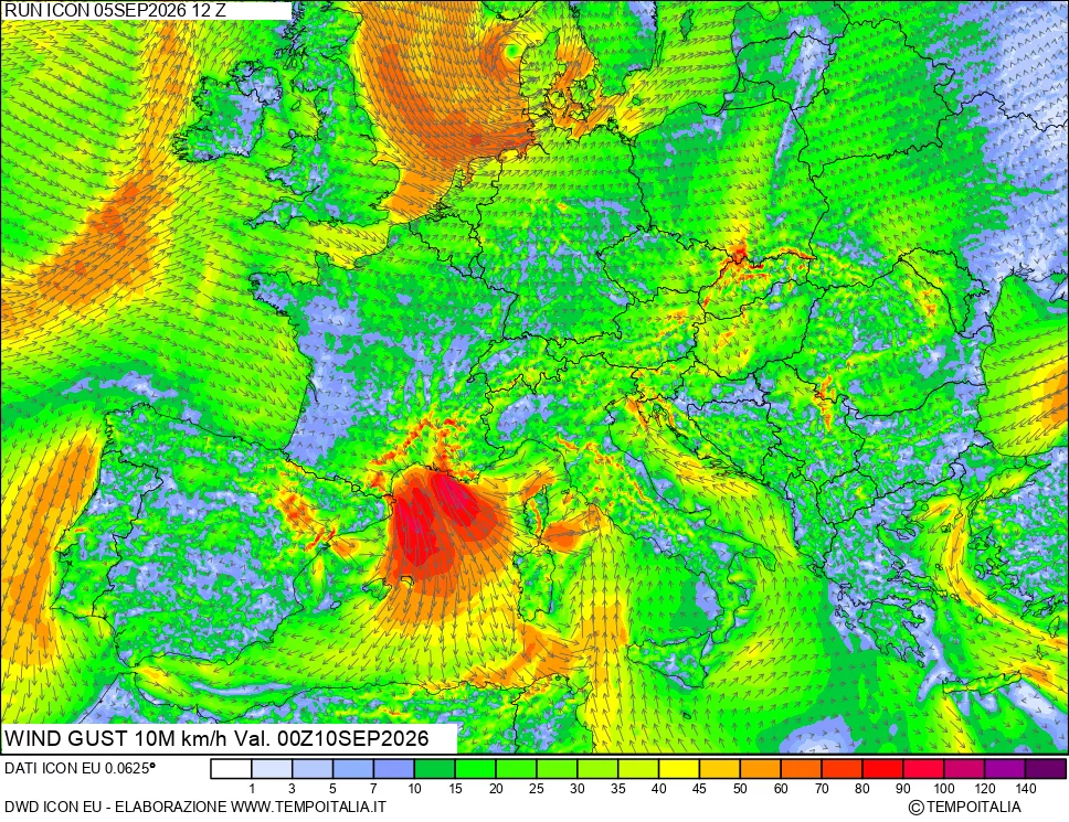mappa 10 m Vento raffica massima