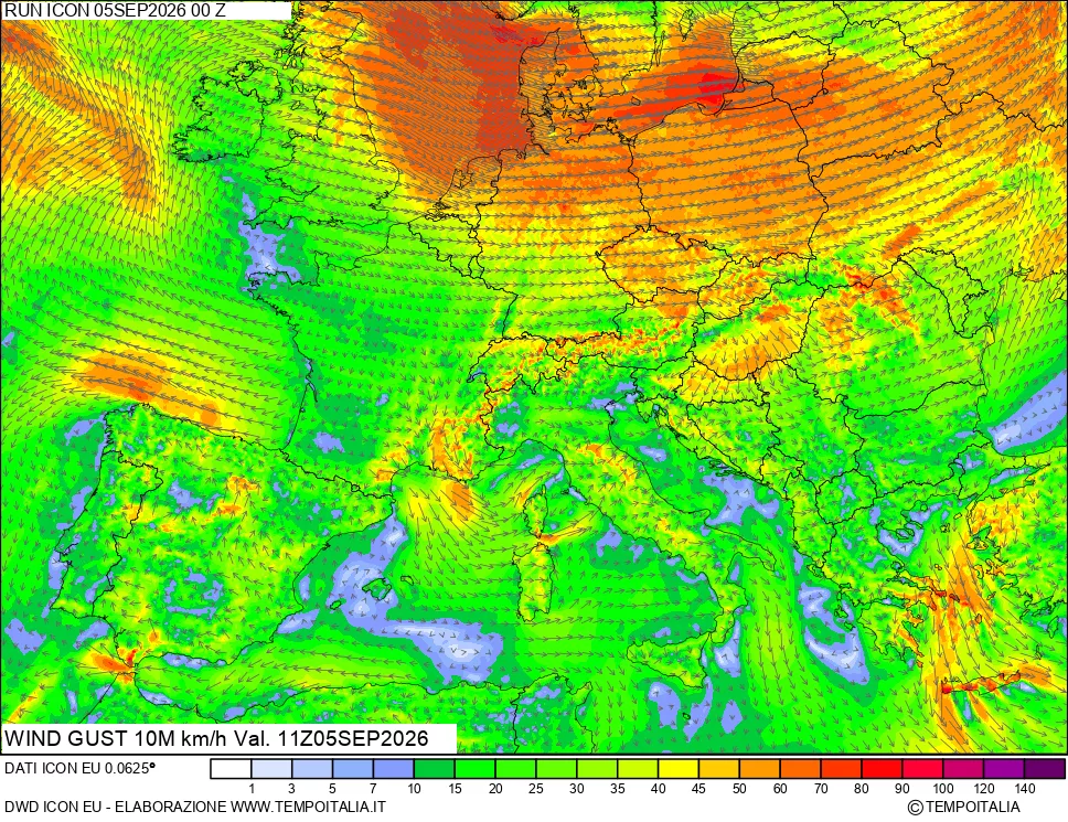 mappa 10 m Vento raffica massima