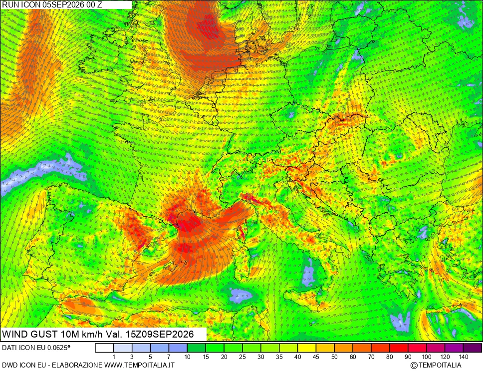 mappa 10 m Vento raffica massima