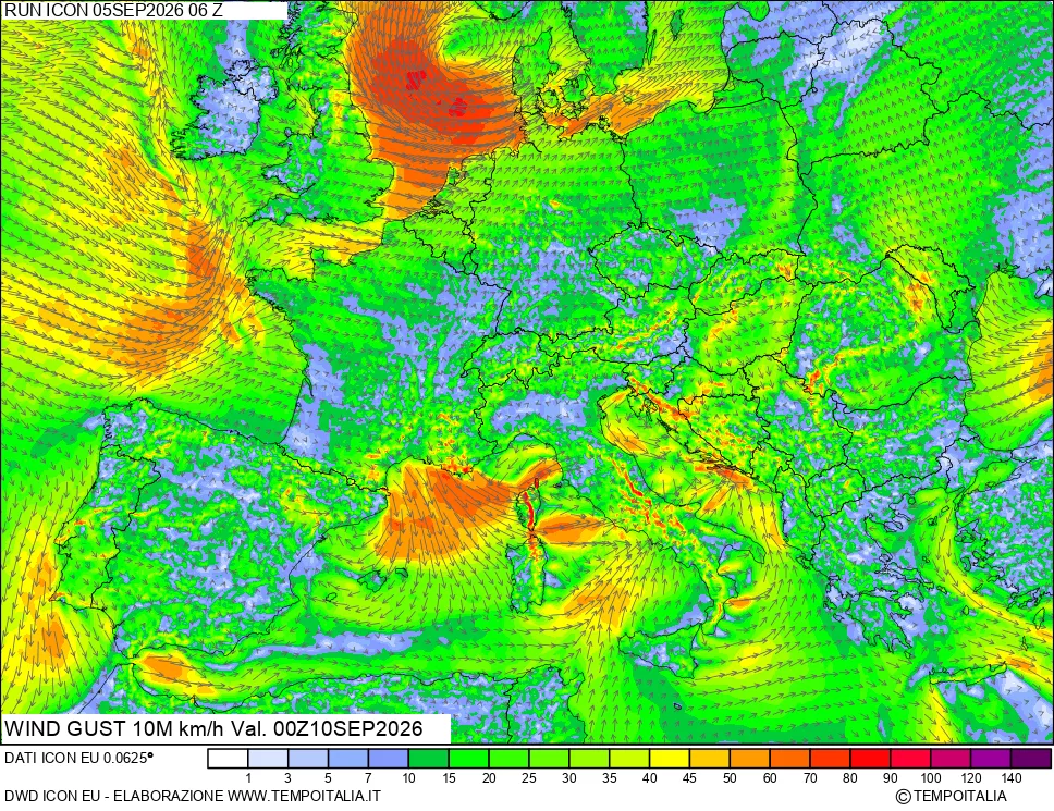 mappa 10 m Vento raffica massima