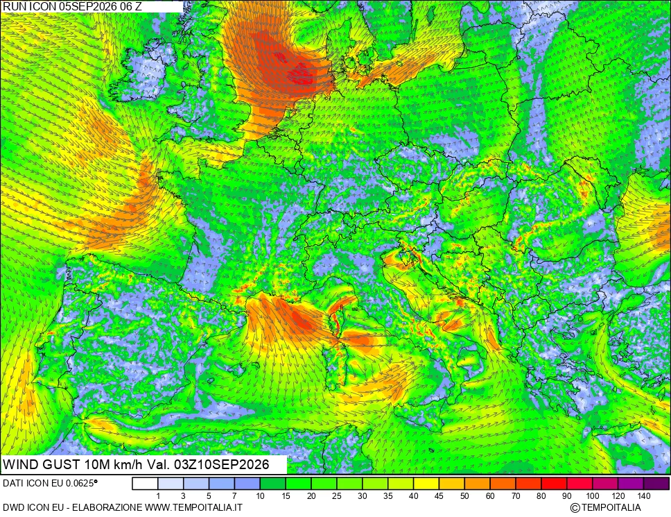 mappa 10 m Vento raffica massima