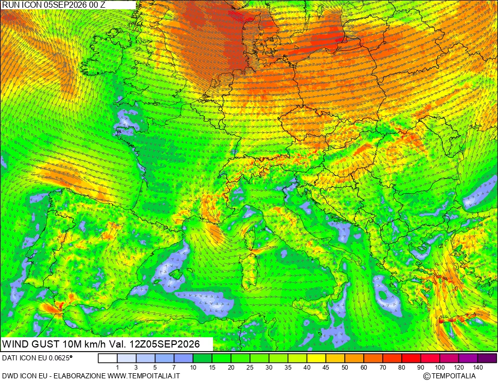 mappa 10 m Vento raffica massima