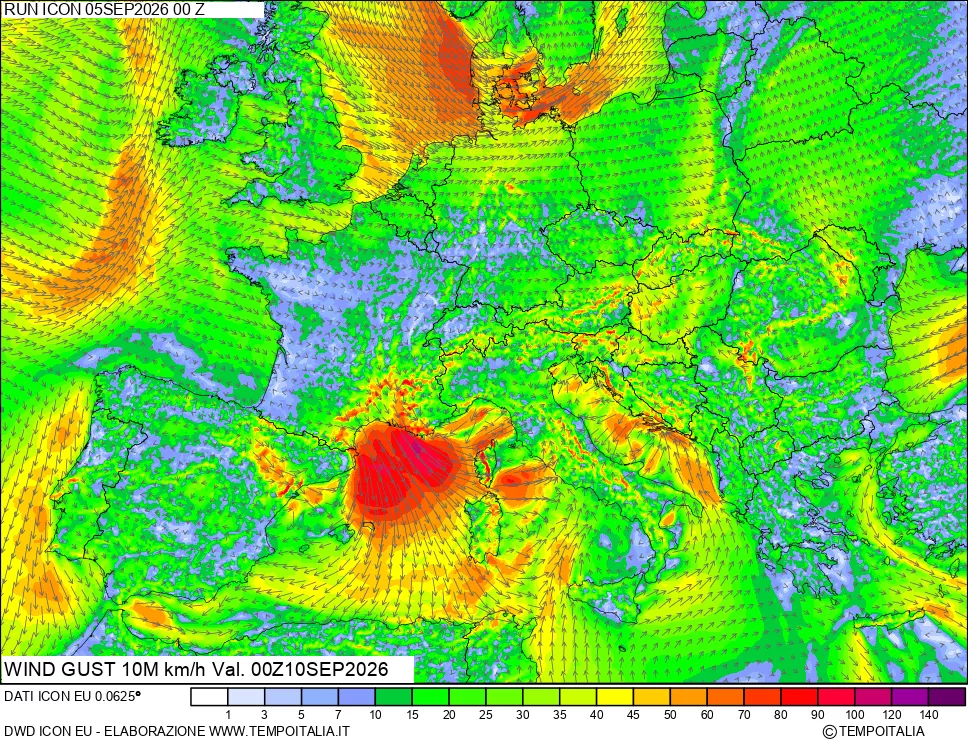 mappa 10 m Vento raffica massima
