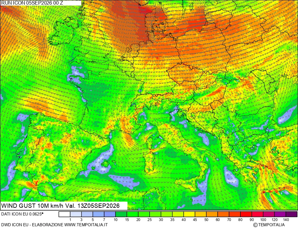 mappa 10 m Vento raffica massima