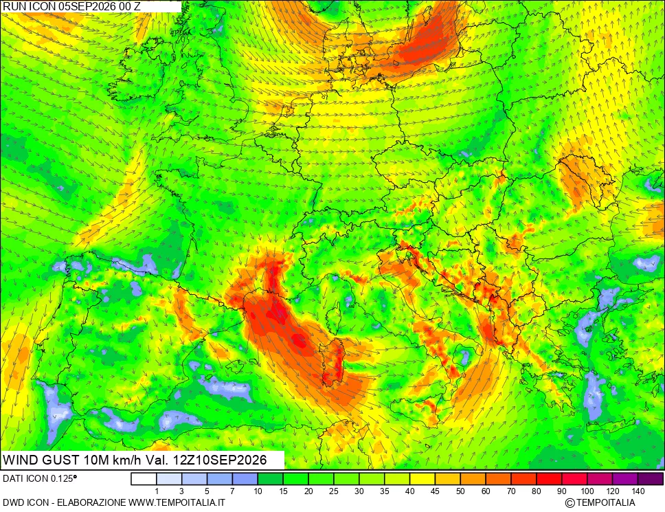 mappa 10 m Vento raffica massima