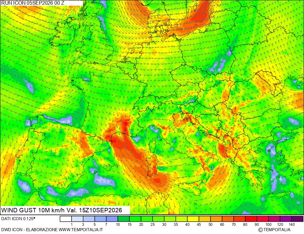 mappa 10 m Vento raffica massima