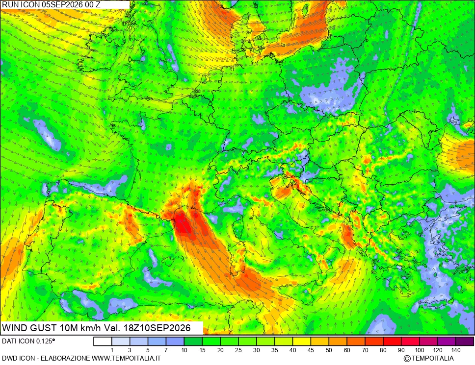 mappa 10 m Vento raffica massima
