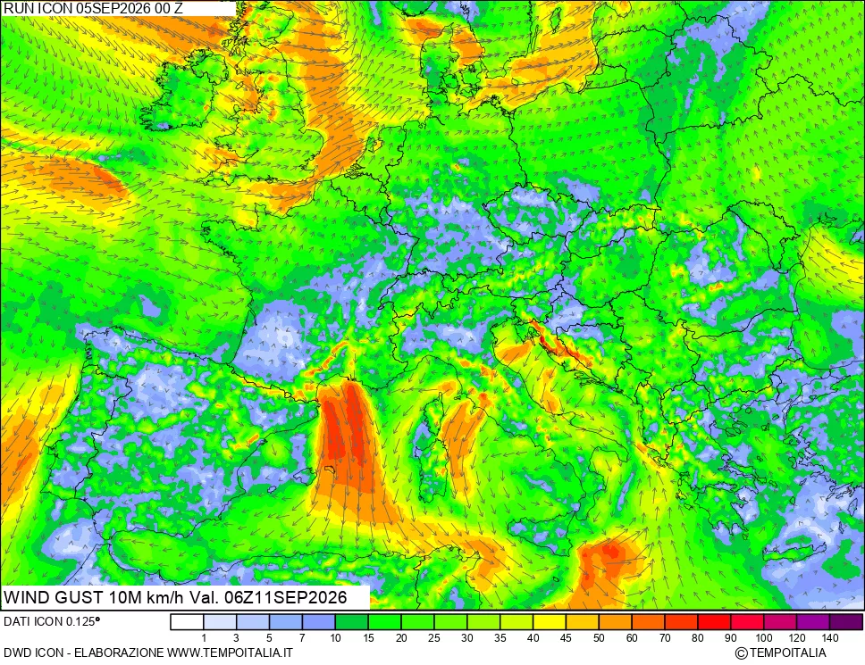 mappa 10 m Vento raffica massima