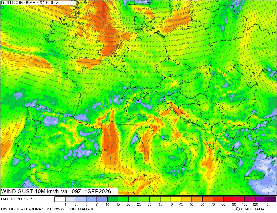 mappa 10 m Vento raffica massima