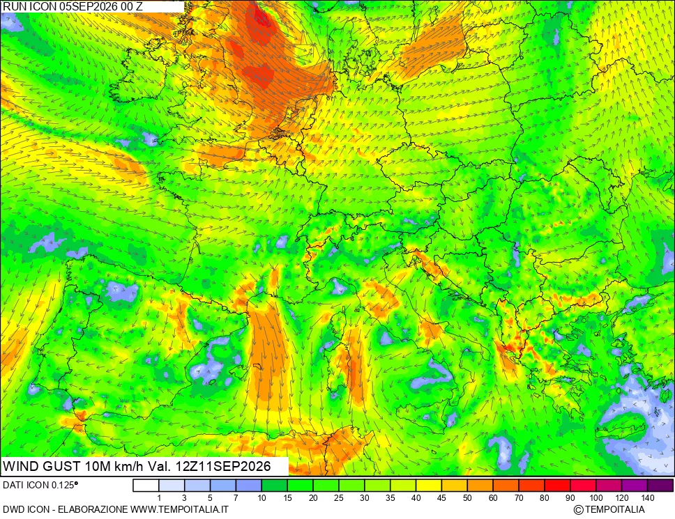 mappa 10 m Vento raffica massima