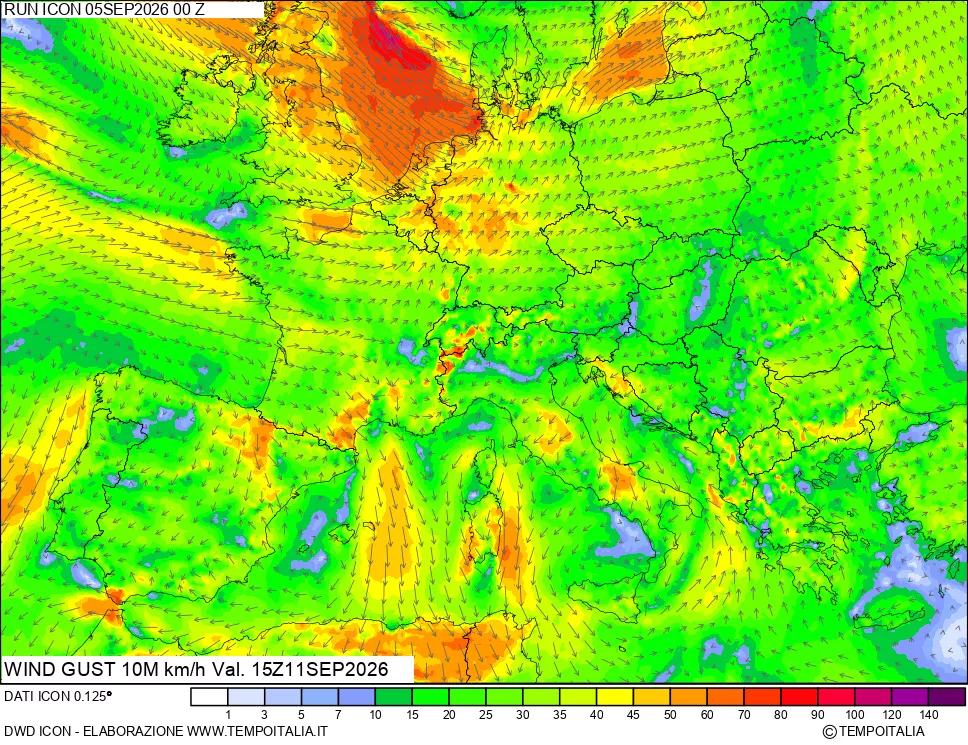 mappa 10 m Vento raffica massima