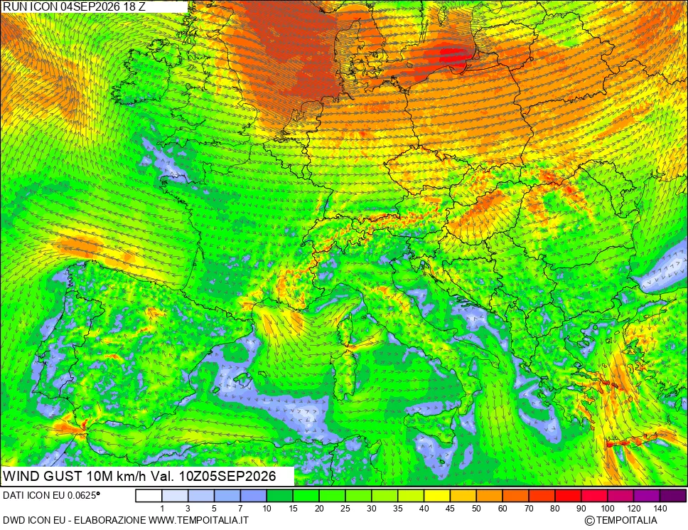 mappa 10 m Vento raffica massima