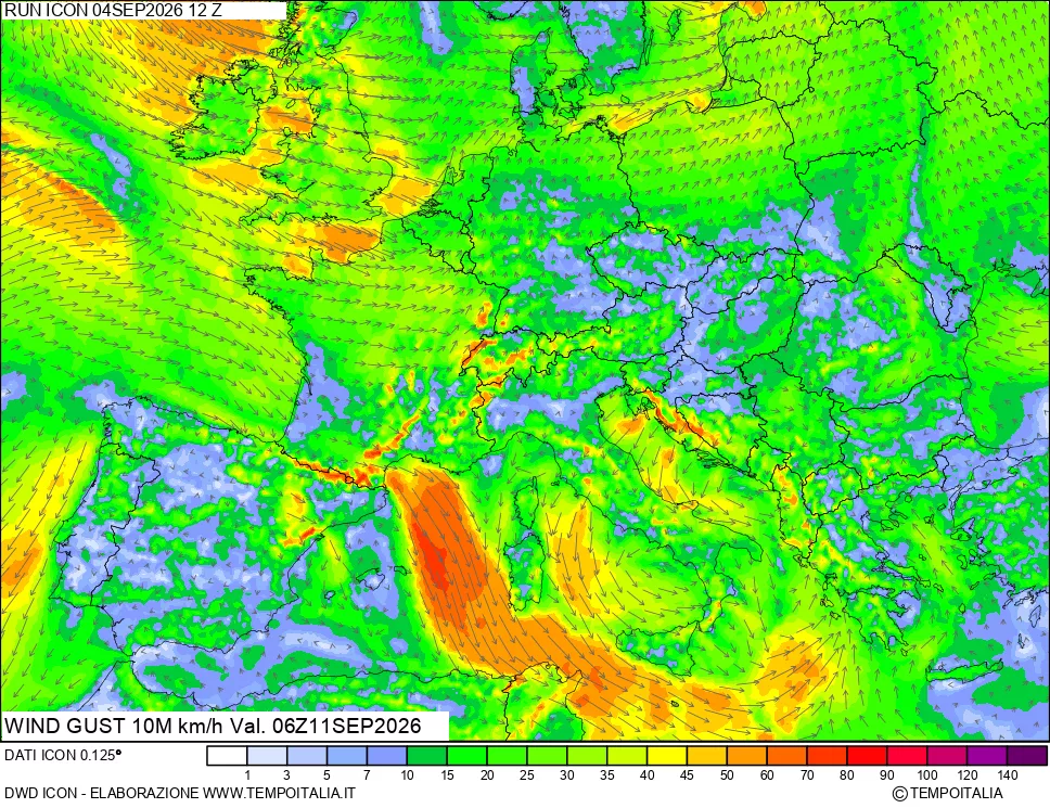 mappa 10 m Vento raffica massima