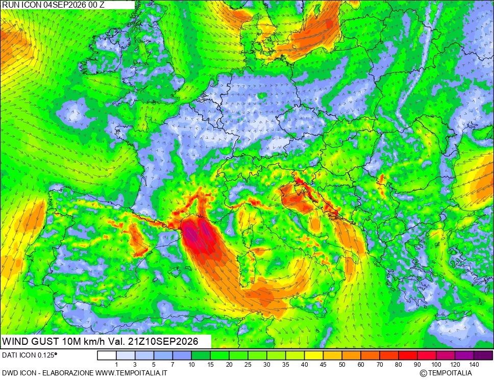 mappa 10 m Vento raffica massima