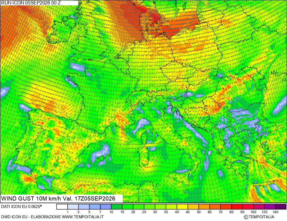 mappa 10 m Vento raffica massima