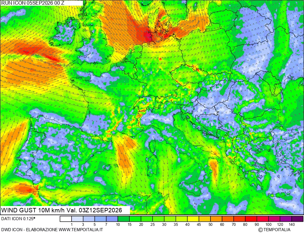 mappa 10 m Vento raffica massima