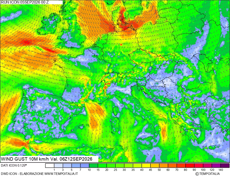 mappa 10 m Vento raffica massima