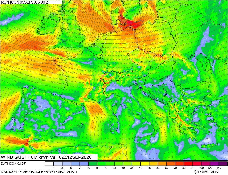 mappa 10 m Vento raffica massima
