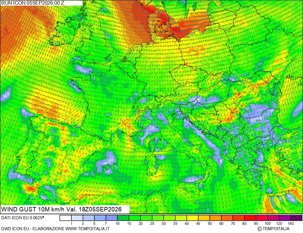 mappa 10 m Vento raffica massima