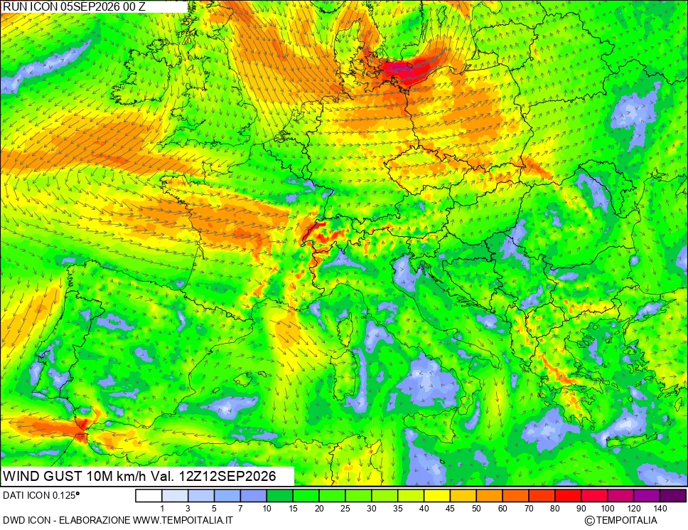 mappa 10 m Vento raffica massima