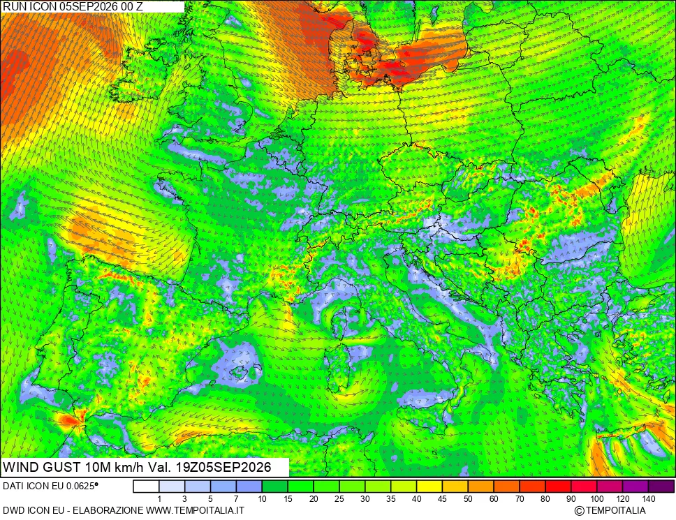 mappa 10 m Vento raffica massima