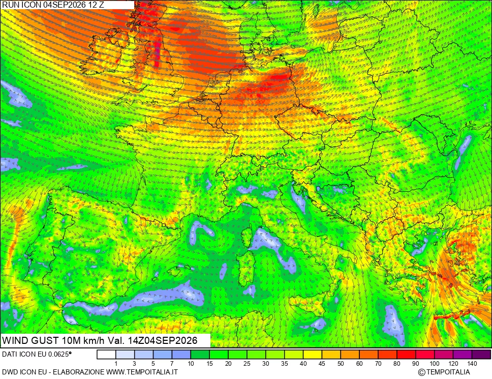mappa 10 m Vento raffica massima