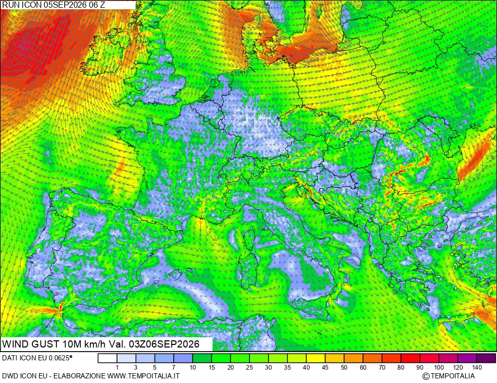 mappa 10 m Vento raffica massima