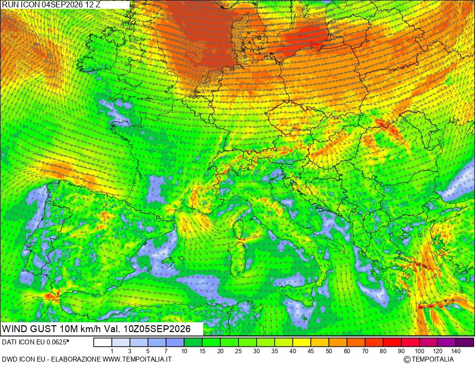 mappa 10 m Vento raffica massima