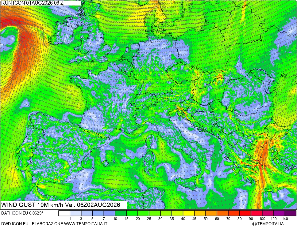 mappa 10 m Vento raffica massima