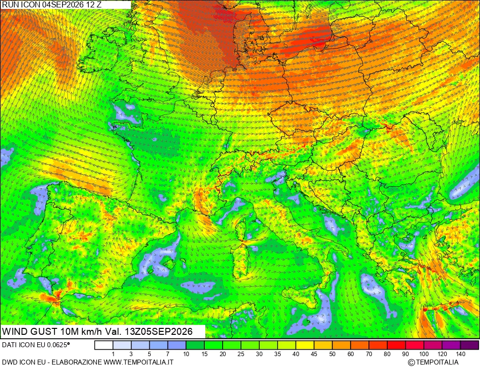 mappa 10 m Vento raffica massima