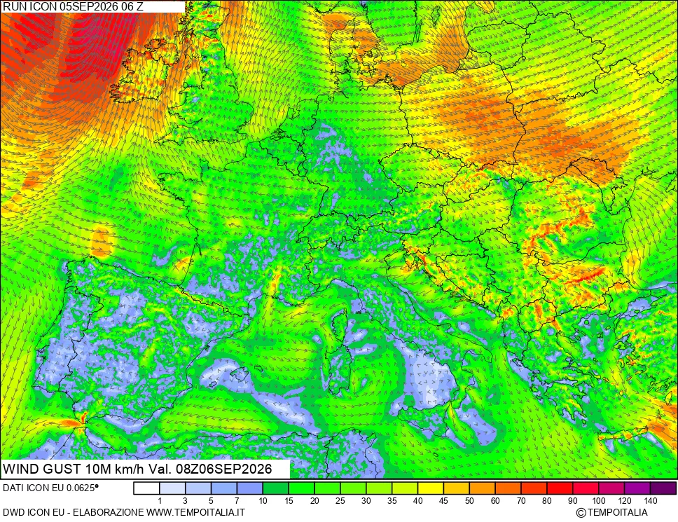 mappa 10 m Vento raffica massima