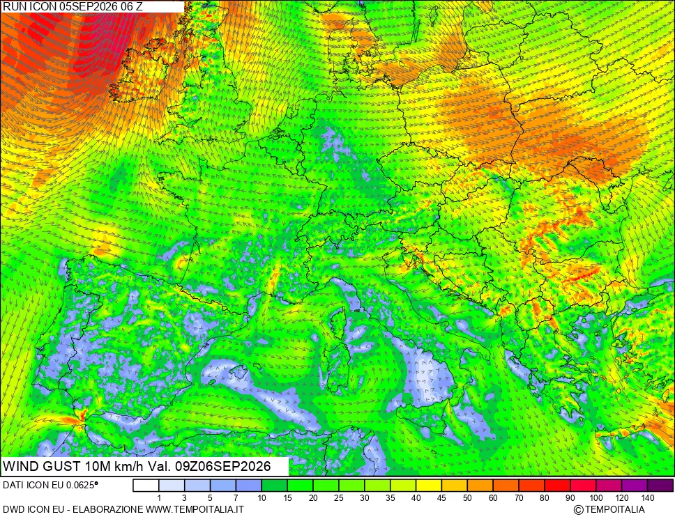 mappa 10 m Vento raffica massima