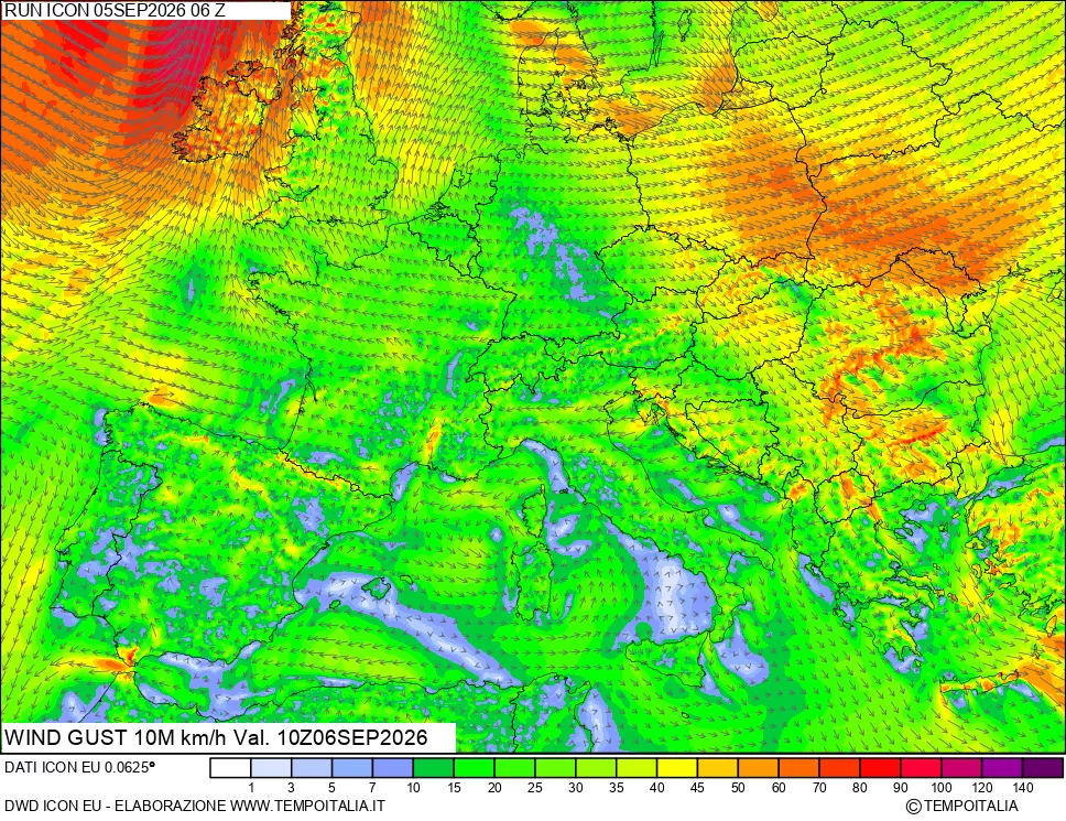 mappa 10 m Vento raffica massima