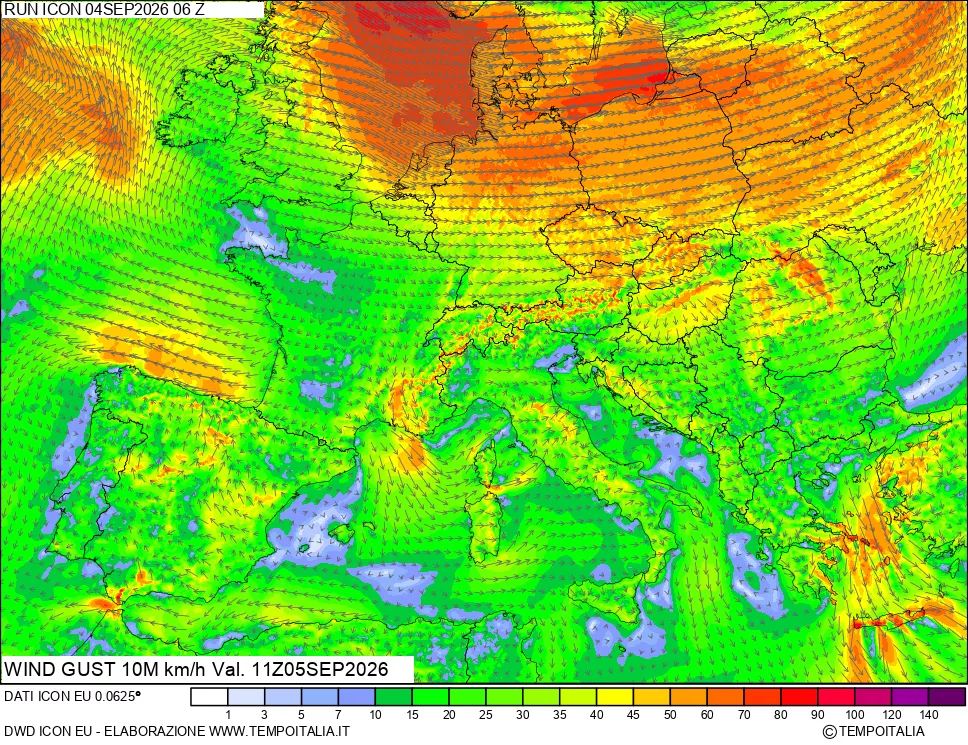 mappa 10 m Vento raffica massima