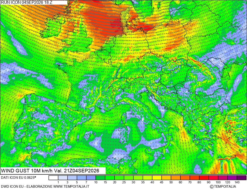 mappa 10 m Vento raffica massima